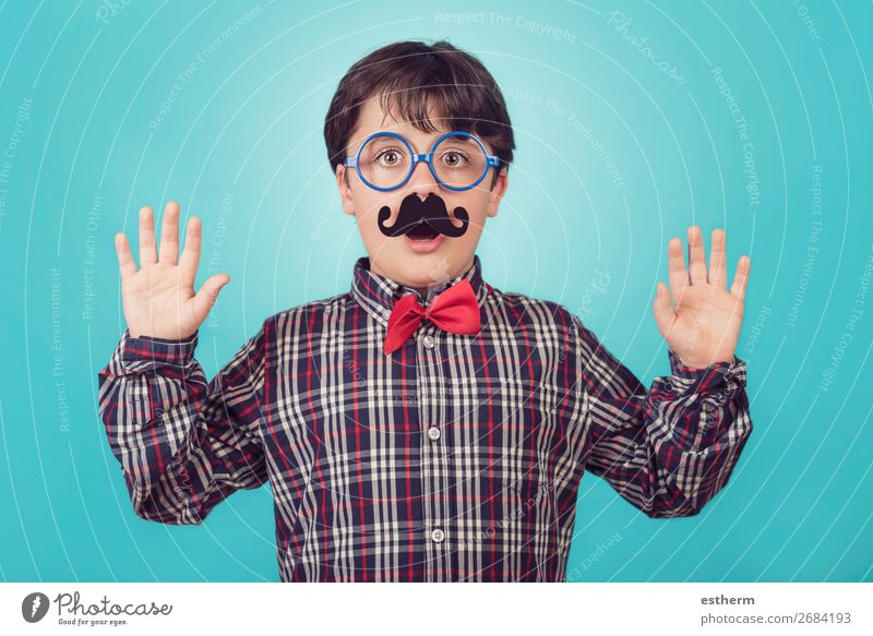 Funny boy with fake mustache and tie Lifestyle Joy Feasts & Celebrations Birthday Human being Masculine Child Boy (child) Father Adults Infancy 1 8 - 13 years