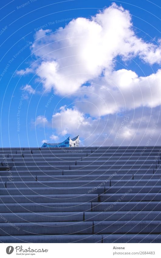 all the way up Concert Hall Sky Clouds Beautiful weather Hamburg Deserted Architecture Facade Stairs Tourist Attraction Landmark Elbe Philharmonic Hall