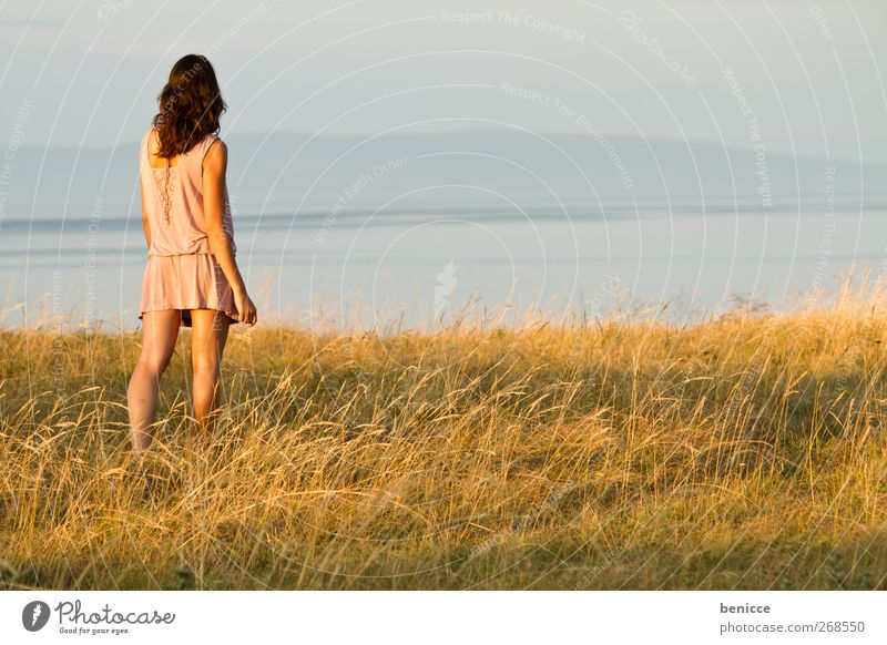 summer outlook Vantage point Woman Portrait photograph Lake Sunrise Stand Water Loneliness Individual caucasian Exterior shot Contentment Free Freedom Spring