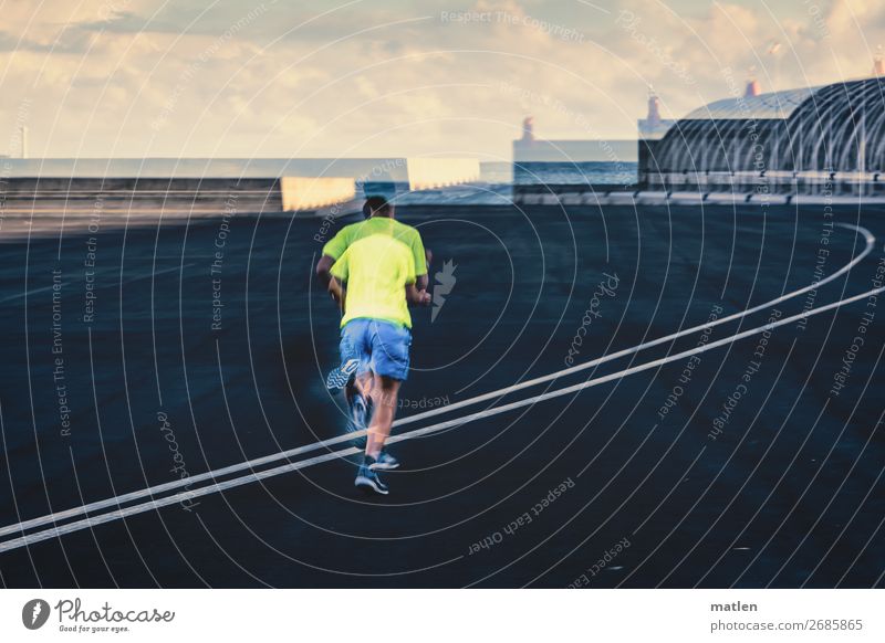 long distance Sports Sportsperson Jogging Places Harbour Manmade structures Walking Athletic Blue Yellow Pink Black White Double exposure Line Asphalt