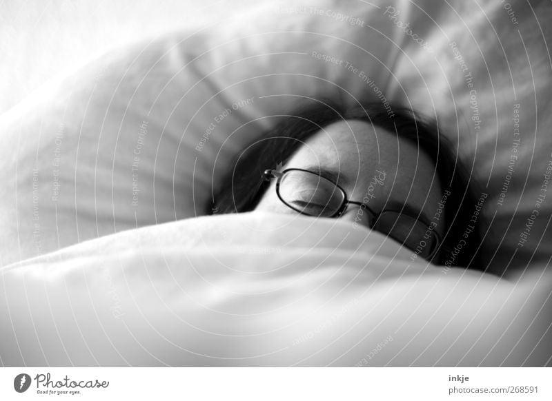 spring tiredness Living or residing Bed Duvet Bedclothes Quilt Cushion Adults Life Face 1 Human being 30 - 45 years Eyeglasses Lie Sleep Emotions Moody