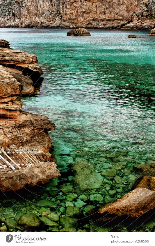 Cala Figuera Relaxation Calm Vacation & Travel Nature Landscape Water Spring Rock Coast Bay Ocean Mediterranean sea Stone Blue Brown Ladder Turquoise