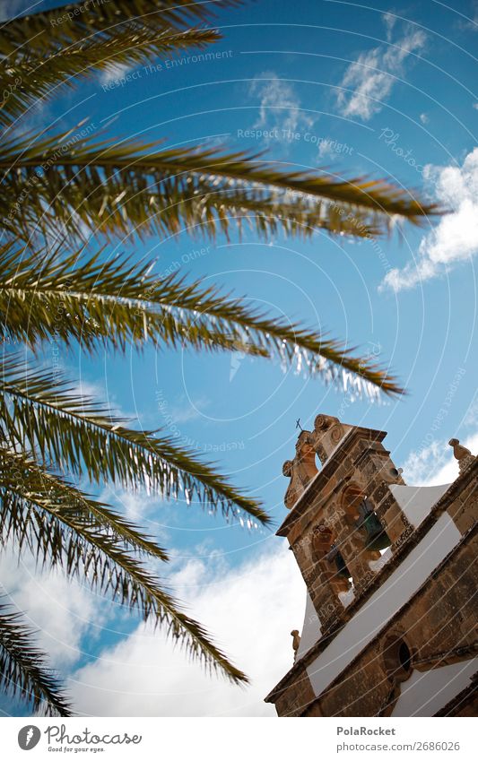 #AS# Church diagonal Art Esthetic Sky Heaven Religion and faith House of worship Fuerteventura Palm frond Vacation photo City trip Colour photo Subdued colour