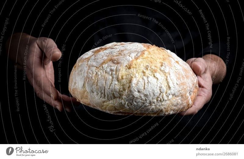 chef hands hold a whole loaf of baked round bread Bread Nutrition Kitchen Cook Human being Hand 30 - 45 years Adults Make Dark Fresh Brown Black White Tradition