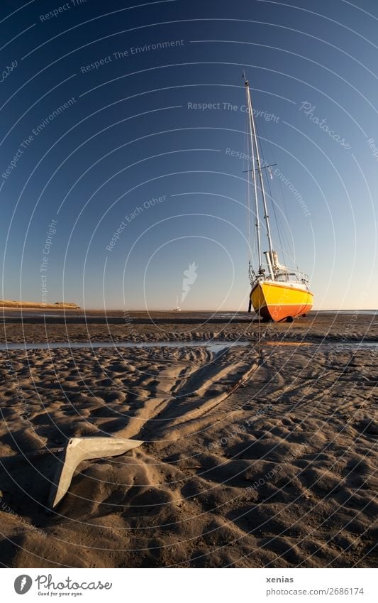 Anchor with sailboat at low tide Sailing Vacation & Travel Trip Summer Beach Ocean Sailboat Watercraft Nature Sand Sky Climate change Beautiful weather Coast