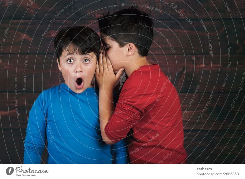 Portrait of two boys whispering secret on wooden background Lifestyle To talk Human being Masculine Child Boy (child) Brothers and sisters Friendship Infancy 2