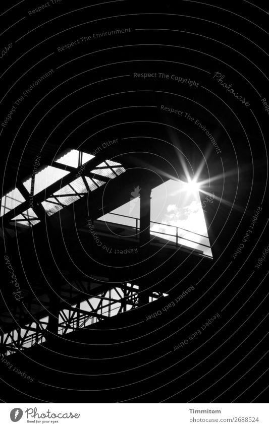 Industrial plant with solar star Technology Industry Sky Sun Sunlight Saarland Hall Roof Concrete Metal Gray Black White Considerable Black & white photo