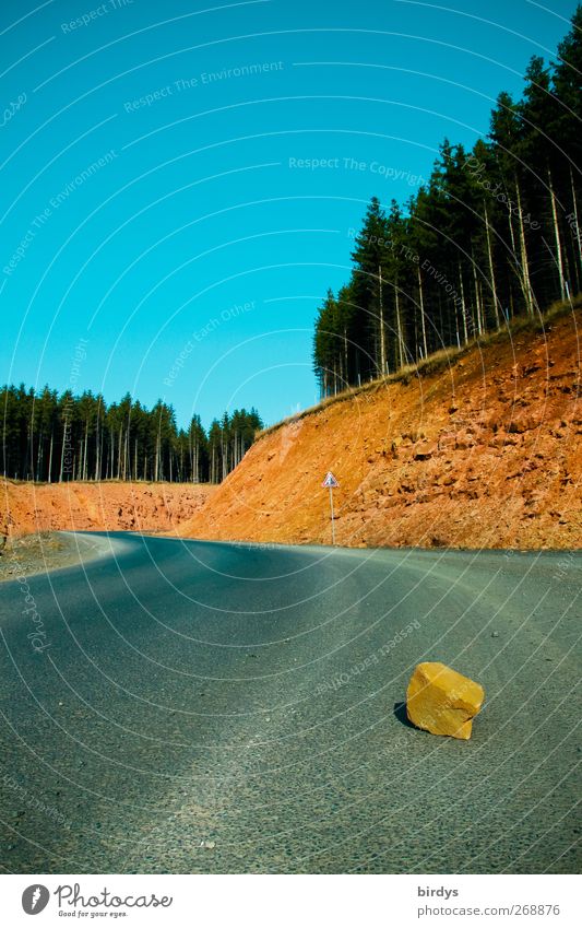 Road with obstacles Nature Landscape Cloudless sky Summer Beautiful weather Coniferous forest Rock Street Lie Threat Original Blue Yellow Gray Risk