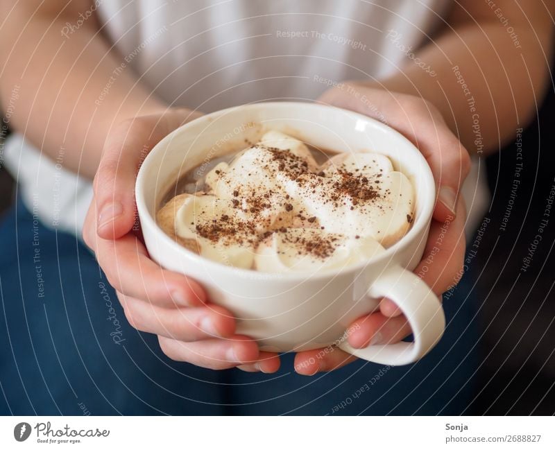 Coffee break - woman with a cup of cappuccino in her hands Nutrition Breakfast To have a coffee Beverage Hot drink Cup Lifestyle Feminine Young woman