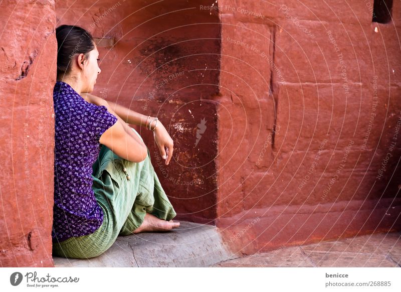 see red Window Woman Wall (barrier) Wall (building) Loneliness Balcony Barefoot 1 Person Relaxation Earnest European Frustration Thought Young woman Meditative