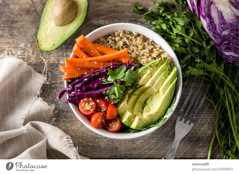 Vegan Buddha bowl with fresh raw vegetables and quinoa buddha bowl Bowl Vegetable Avocado Onion Tomato Carrot Cabbage Food Healthy Eating Food photograph Raw