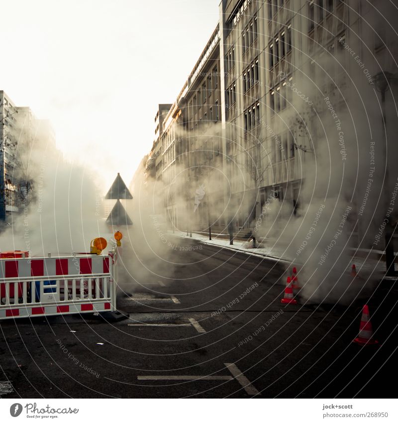 More smoke Around nothing Winter Downtown Berlin Traffic infrastructure Street Road sign Construction site Warning sign Cold Moody Safety Environment Barrier