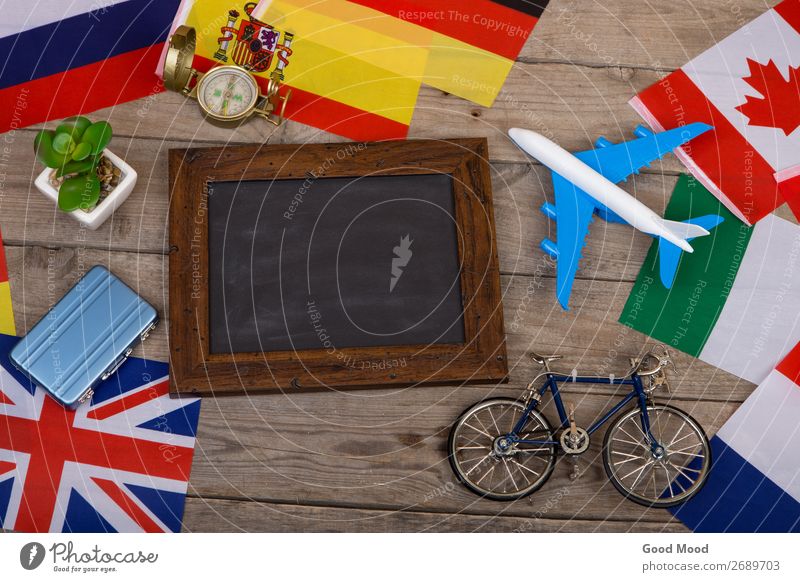 blank blackboard, flags of countries, airplane, bicycle Relaxation Leisure and hobbies Vacation & Travel Tourism Trip Adventure Freedom Cruise Blackboard