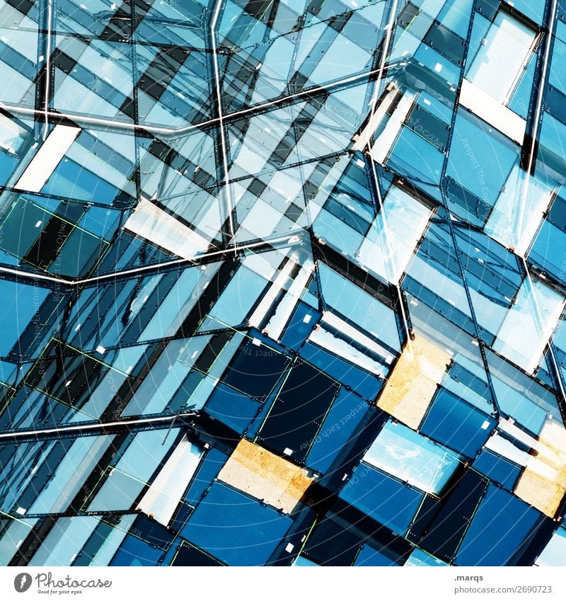 Crossed glass façade Pattern Modern Glass Window Facade Architecture Structures and shapes Abstract Future Line Design Arrangement Blue Building Double exposure