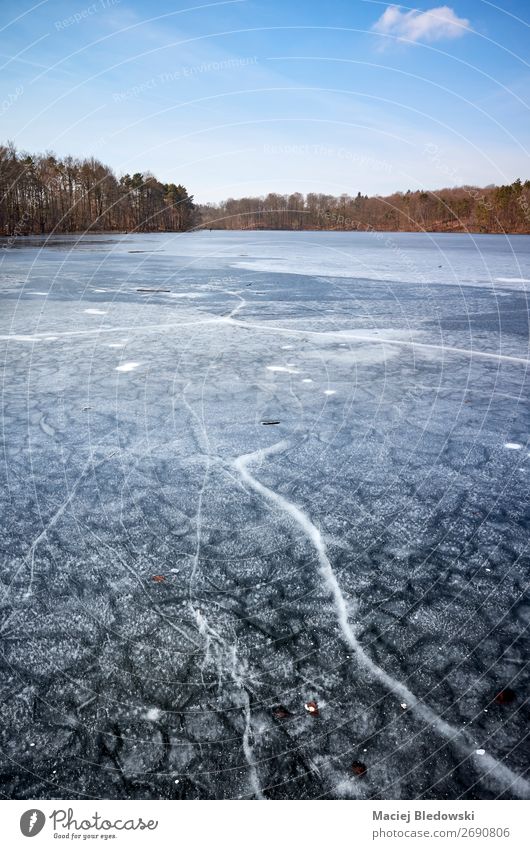 Winter landscape with a frozen lake. Trip Adventure Winter vacation Nature Landscape Horizon Climate Weather Ice Frost Lake River Frozen Crack & Rip & Tear