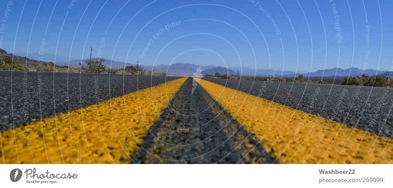 Road to nowhere Vacation & Travel Trip Adventure Landscape Cloudless sky Desert Motoring Street Movement Yellow Serene Patient Speed Colour photo Exterior shot