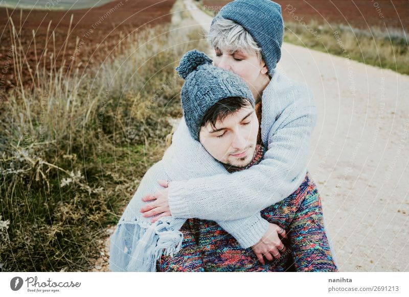 Couple of young millennials hugging Lifestyle Happy Beautiful Vacation & Travel Trip Adventure Freedom Human being Masculine Feminine Woman Adults Man