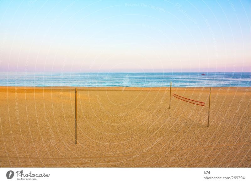 beach volleyball Volleyball (sport) Sky Cloudless sky Horizon Coast Ocean Glittering Beautiful Blue Yellow Calm Net Volleyball net Pastel tone Colour photo