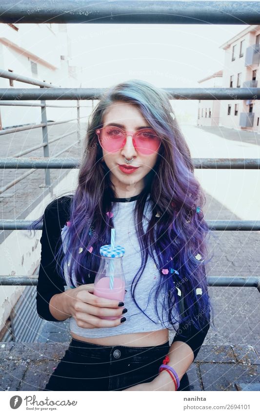 Happy beautiful teen with pink sunglasses Beverage Bottle Lifestyle Style Beautiful Summer Human being Feminine Young woman Youth (Young adults) Woman Adults 1