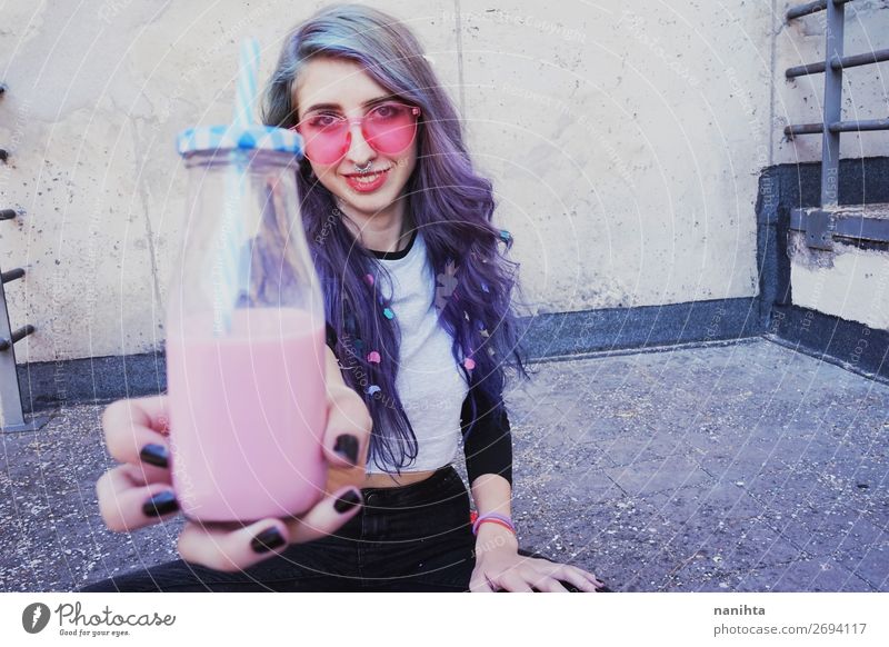 Happy beautiful teen with pink sunglasses Beverage Bottle Lifestyle Style Beautiful Summer Party Human being Feminine Young woman Youth (Young adults) Woman