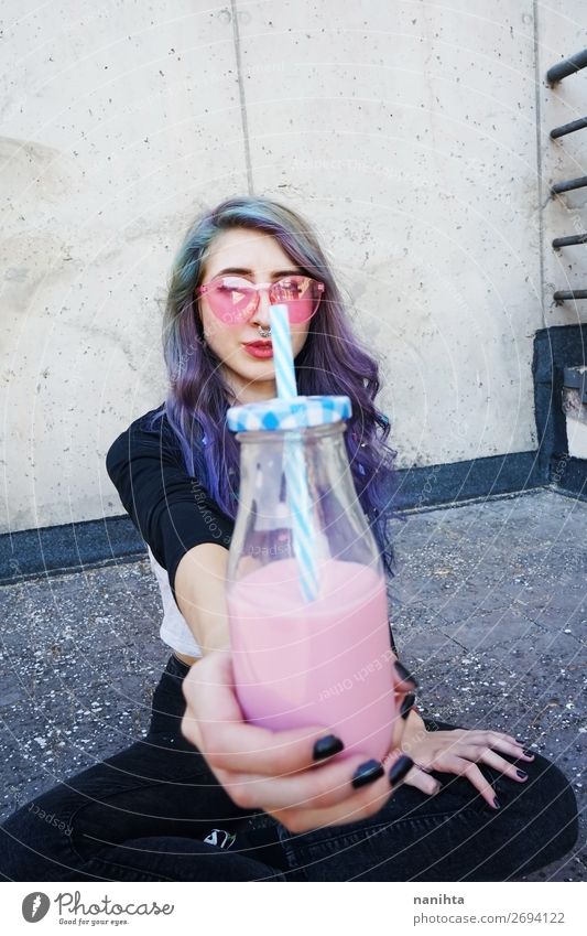 Happy beautiful teen with pink sunglasses Beverage Cold drink Bottle Lifestyle Style Beautiful Summer Party Feasts & Celebrations Human being Feminine