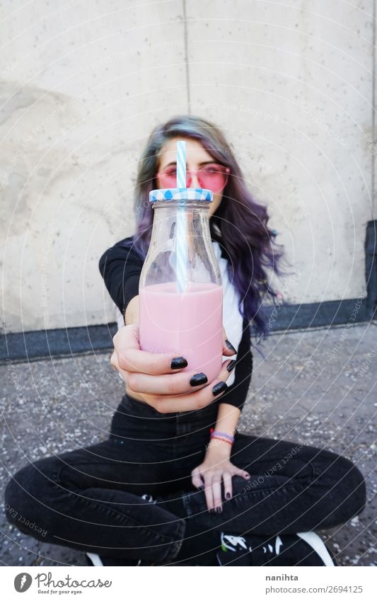Happy beautiful teen holding a milkshake Fruit Beverage Cold drink Bottle Straw Lifestyle Style Beautiful Summer Human being Feminine Young woman