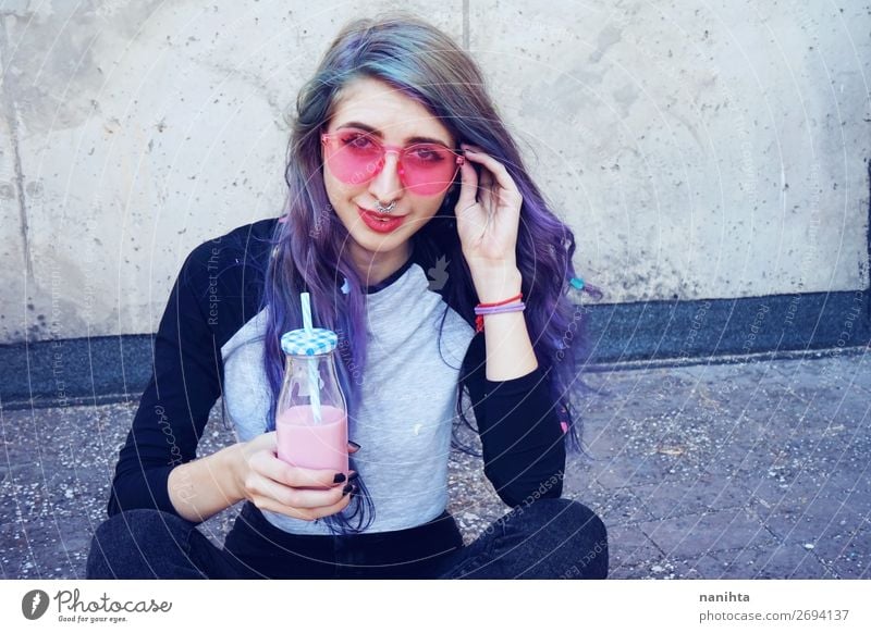 Happy beautiful teen with pink sunglasses Nutrition Breakfast Beverage Drinking Cold drink Bottle Lifestyle Style Beautiful Summer Human being Feminine