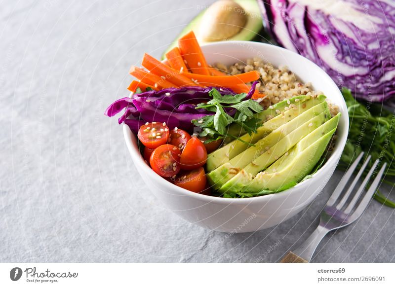 Vegan Buddha bowl with fresh raw vegetables and quinoa Bowl Vegetable Avocado Onion Tomato Carrot Cabbage Healthy Eating Food photograph Raw Vegan diet Fresh