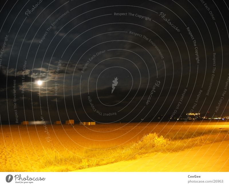 Night at the beach 3 Clouds Beach Yellow Black Dark Light Ocean Long exposure Lighting Sky Sand Moon Water