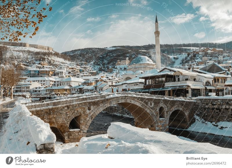 Prizren, the Old Town of Kosovo in Winter Vacation & Travel Tourism Snow Winter vacation Landscape River Europe Downtown Old town Bridge Manmade structures