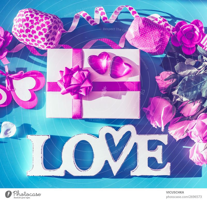 Valentine's Day Composing with LOVE Style Design Decoration Party Event Flower Rose Bow Love Pink Gift Word Text Heart Neon Colour photo Studio shot