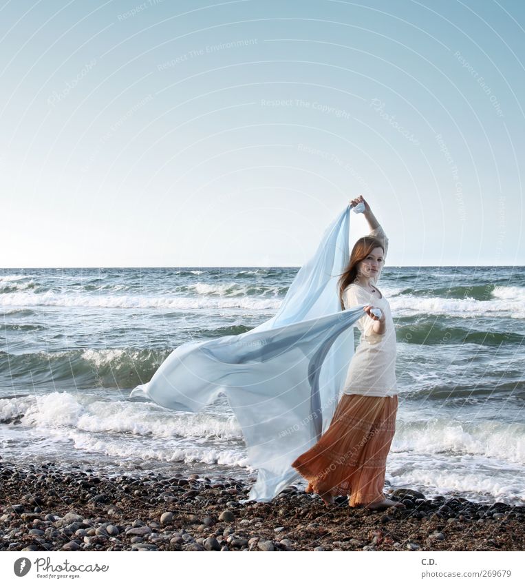 Elegance on the stand Young woman Youth (Young adults) 1 Human being 18 - 30 years Adults Sky Cloudless sky Spring Waves Beach Baltic Sea Ocean Skirt