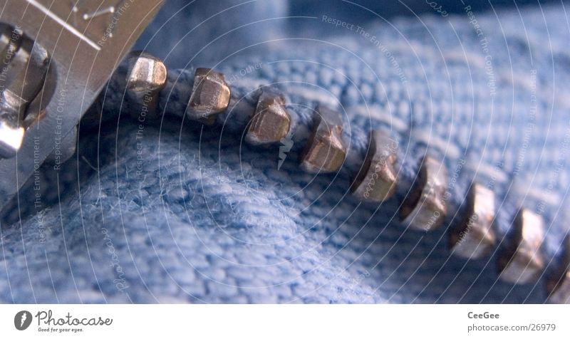zip Zipper Pants Clothing Checkmark Glittering Stitching Industry Blue Set of teeth Metal silver Open Macro (Extreme close-up) Detail Close-up