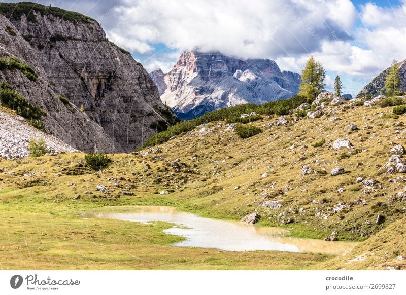 # 826 Three peaks Dolomites Sexten Dolomites World heritage High plain Colour photo Hiking Footpath Peak Mountaineering Alps Beautiful weather Meadow Summer Sun