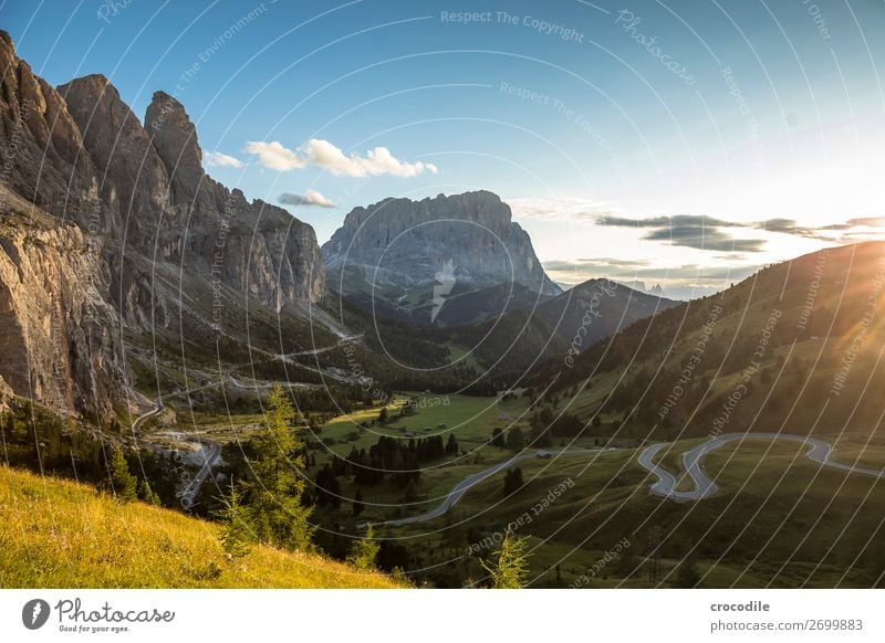 Grödenerjoch with view to the Langkofel Grödener Joch Mountain Dolomites South Tyrol mountain road road trip Sunset Idyll Summer vacation Hiking Mountaineering