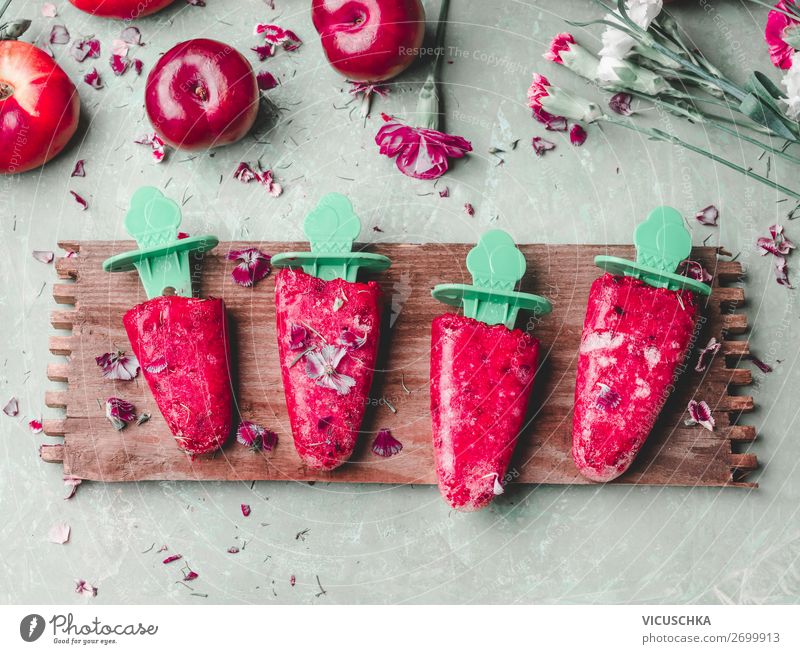 Fruit ice cream on a stick Food Ice cream Nutrition Organic produce Style Design Healthy Eating Summer Living or residing Table Pink Red Food photograph