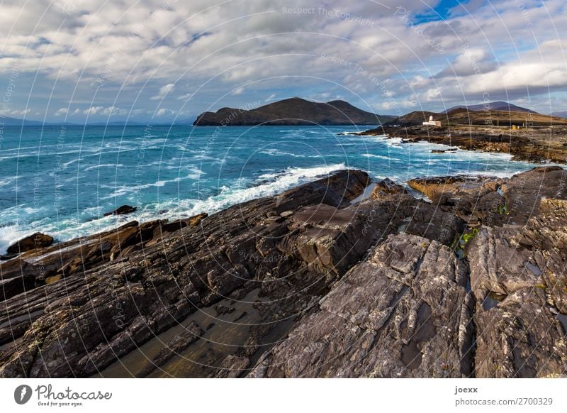 thick skin Nature Water Sky Clouds Summer Beautiful weather Rock Waves Ocean Island Northern Ireland Lighthouse Old Historic Maritime Blue Brown White Horizon