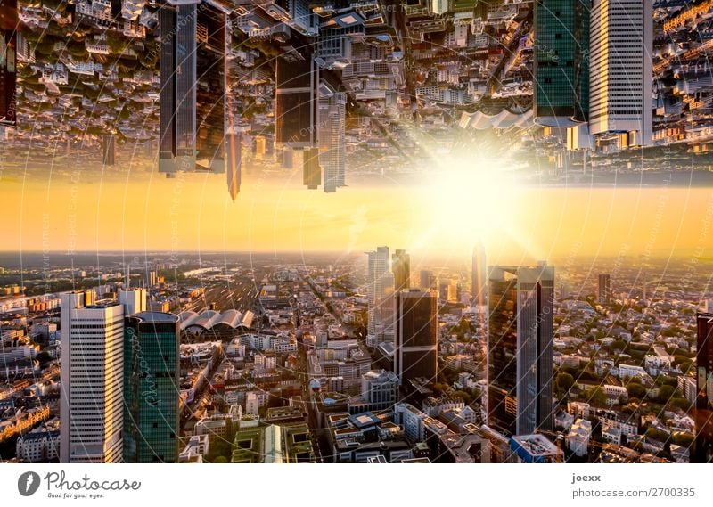 Frankfurt skyline with sunset, surreal mirrored Capital city Downtown Skyline High-rise Bank building Tall Above Town Orange Bizarre Business Chaos Horizon