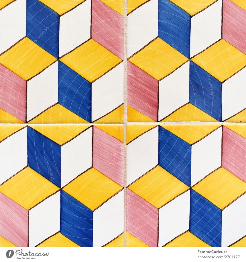 Colored wall tiles in Portugal House (Residential Structure) Blue Multicoloured Yellow Red White Tile Lisbon Cuboid Square Symmetry Design Pattern Geometry Art