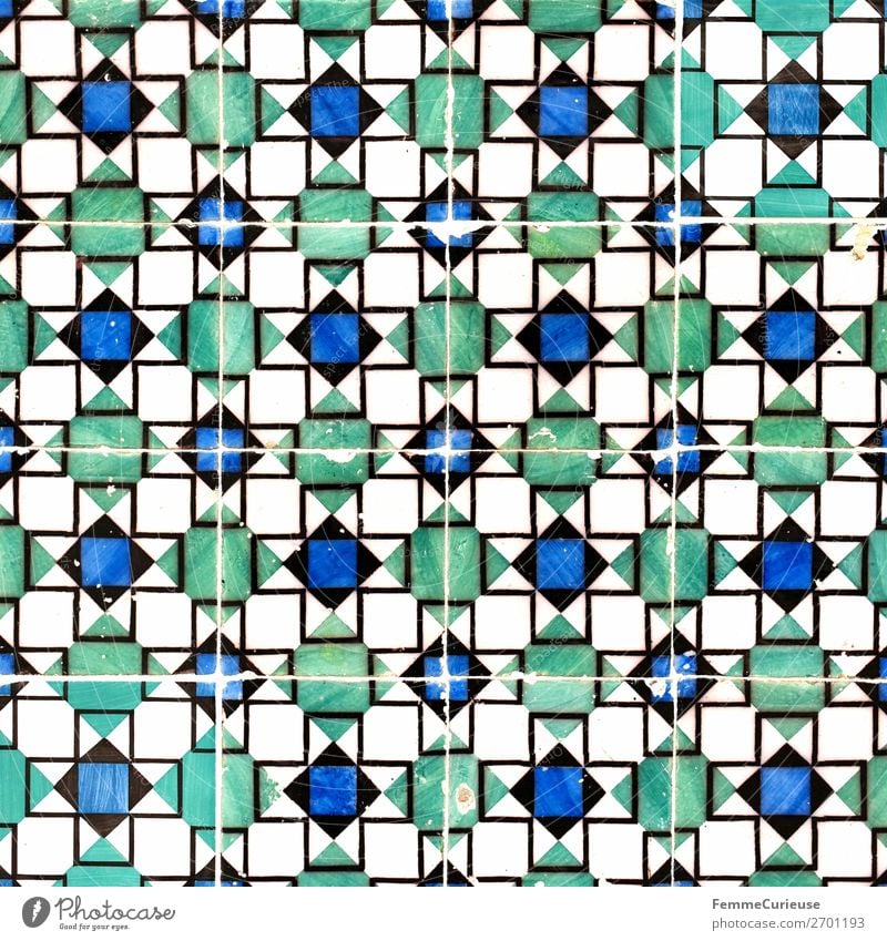 Colored wall tiles in Portugal House (Residential Structure) Blue Green White Tile Lisbon Square Structures and shapes Geometry Colour photo Exterior shot Day