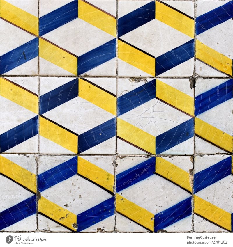 Colored wall tiles in Portugal House (Residential Structure) Blue Yellow White Lisbon Tile Pattern Geometry Square Art Colour photo Exterior shot Day