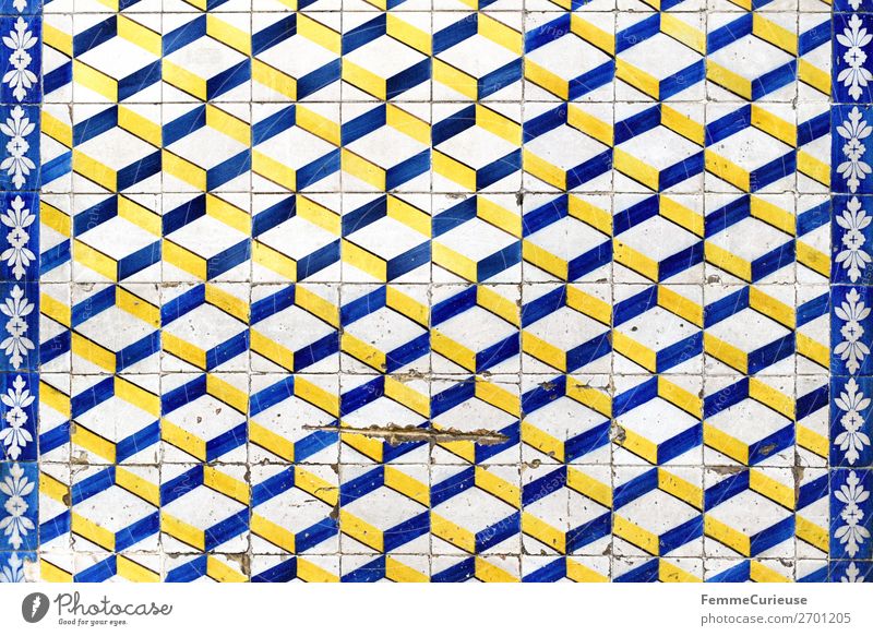Coloured tiles in Portugal Town Tradition Tile Design Pattern Geometry Square White Blue Yellow Facade Lisbon Colour photo Exterior shot Day Central perspective