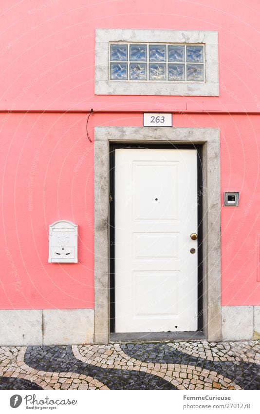 Door in Portugal House (Residential Structure) Vacation & Travel Living or residing Travel photography Paving stone Multicoloured White Pink Mailbox