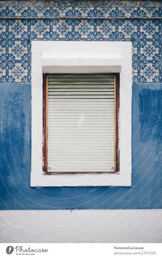 Window in Portugal surrounded by colorful house front Town Vacation & Travel Living or residing Lisbon Tile Pattern Blue tone White Roller shutter Colour photo