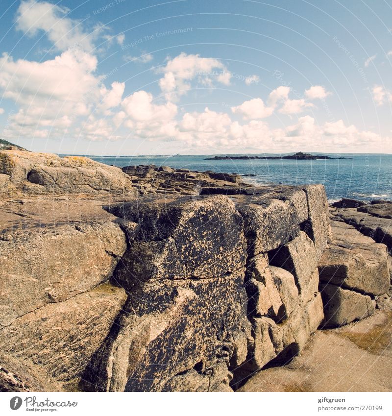 and i'll pretend that this is real Environment Nature Landscape Elements Water Sky Clouds Horizon Summer Beautiful weather Rock Coast Bay Ocean Island Bright