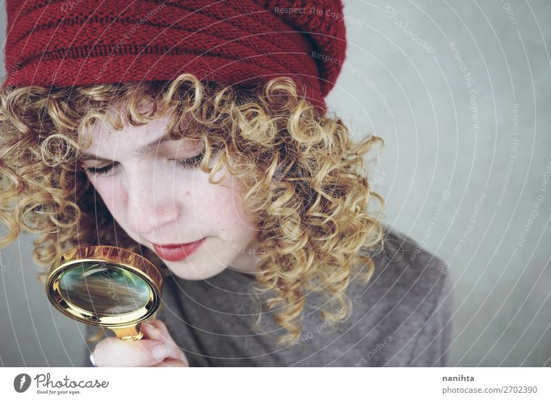 young funny woman investigating with a magnifying glass Style Beautiful Face Human being Feminine Young woman Youth (Young adults) Woman Adults 1 18 - 30 years