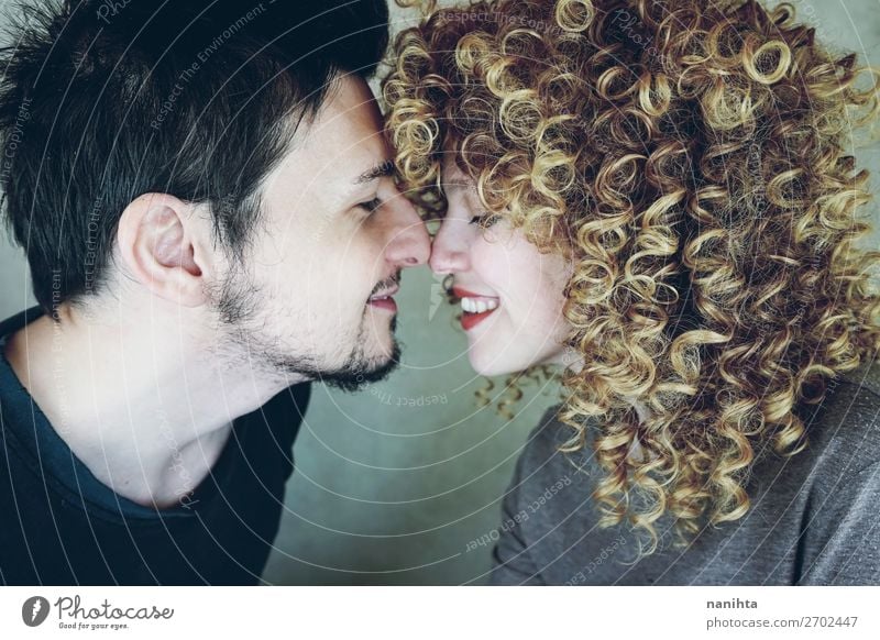 Portrait of a natural caucasian couple happily in love Lifestyle Style Beautiful Face Human being Masculine Feminine Woman Adults Man Family & Relations Couple