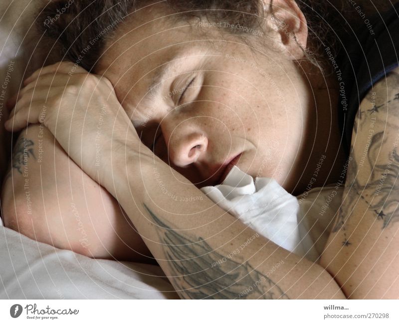 Sleep deep sleep Young woman Tattooed tired Relaxation Contentment Dream Youth (Young adults) Woman Uniqueness Fatigue Exhaustion Rest Morning portrait