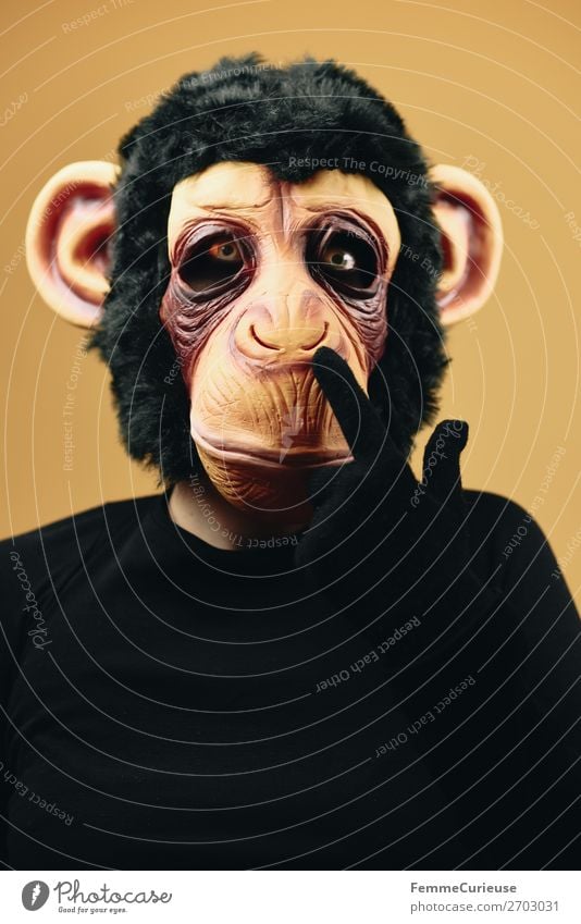 Person with monkey mask drilling into nose Animal Joy Evolution Monkeys Chimpanzee Latex Mask Pelt Nose Drill Disguised Carnival Carnival costume