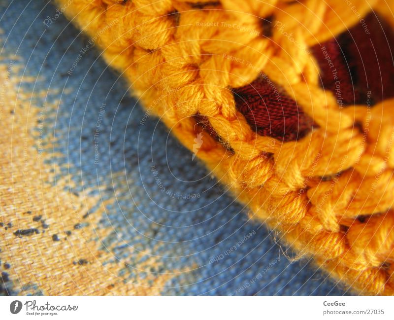 cushions Cushion Thread Yellow Cloth Wool Woven Soft Cuddly Living or residing Orange Blue Macro (Extreme close-up) Close-up